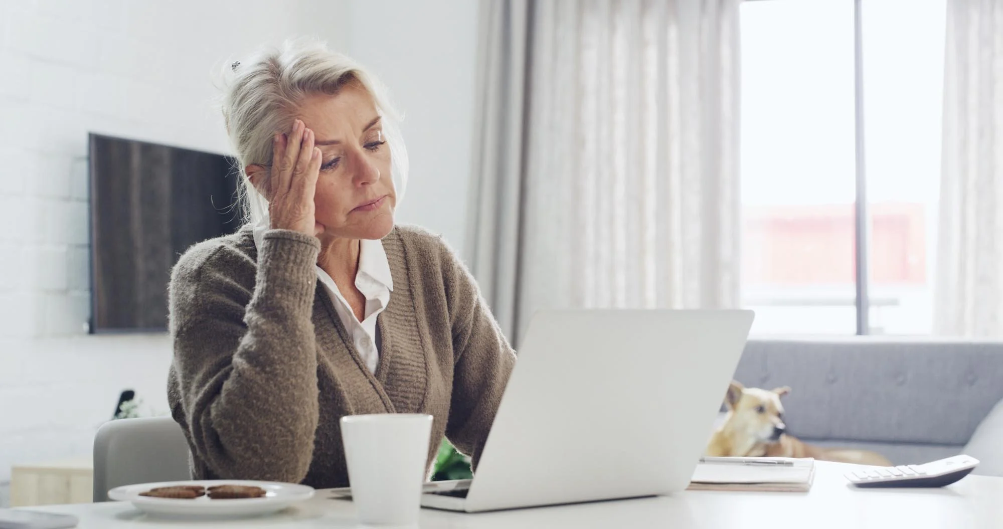 An elderly woman with gray hair, wearing a beige cardigan and white shirt, sitting at a desk with her hand on her forehead looking at her laptop screen, in a bright room with a window and curtains, with a dog lying on the couch in the background.