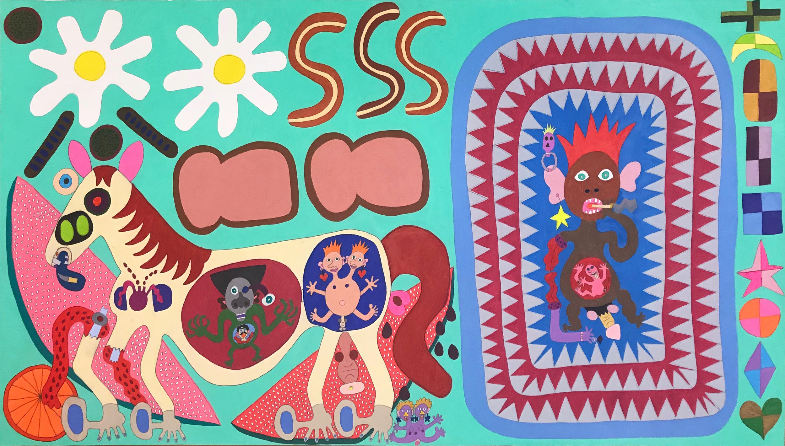 Raquel Albarran, Breakfast Meal with Smoking Baby Inside the Shark Mouth and Big Giant Horse with Toe Babies Inside the Placenta and One Baby Got Pooped Out, Horse Leg Got Broken in Half (2018) Pencil on paper, 36x68”