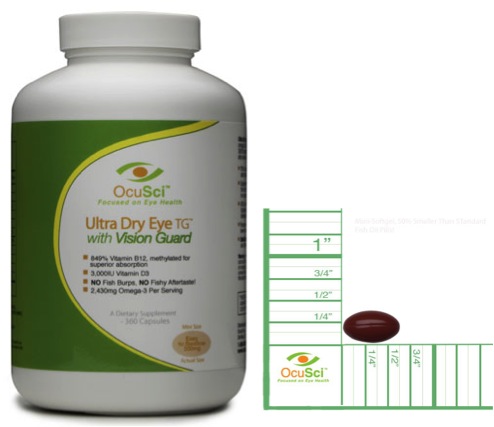 Ultra Dry Eye TG with Vision Guard Improve Dry Eye symptoms in 30 days - money back guarantee! Half-size softgels, 50% smaller than standard fish oil softgels. No fish burps or after-taste guaranteed! Includes the highest absorbable forms of both Vitamin D3 and B12 (methylated for superior absorption) shown to decrease your risk of developing Macular Degeneration and Cataracts. More Information: Brochure Reduces Risk of Macular Degeneration, Cataracts