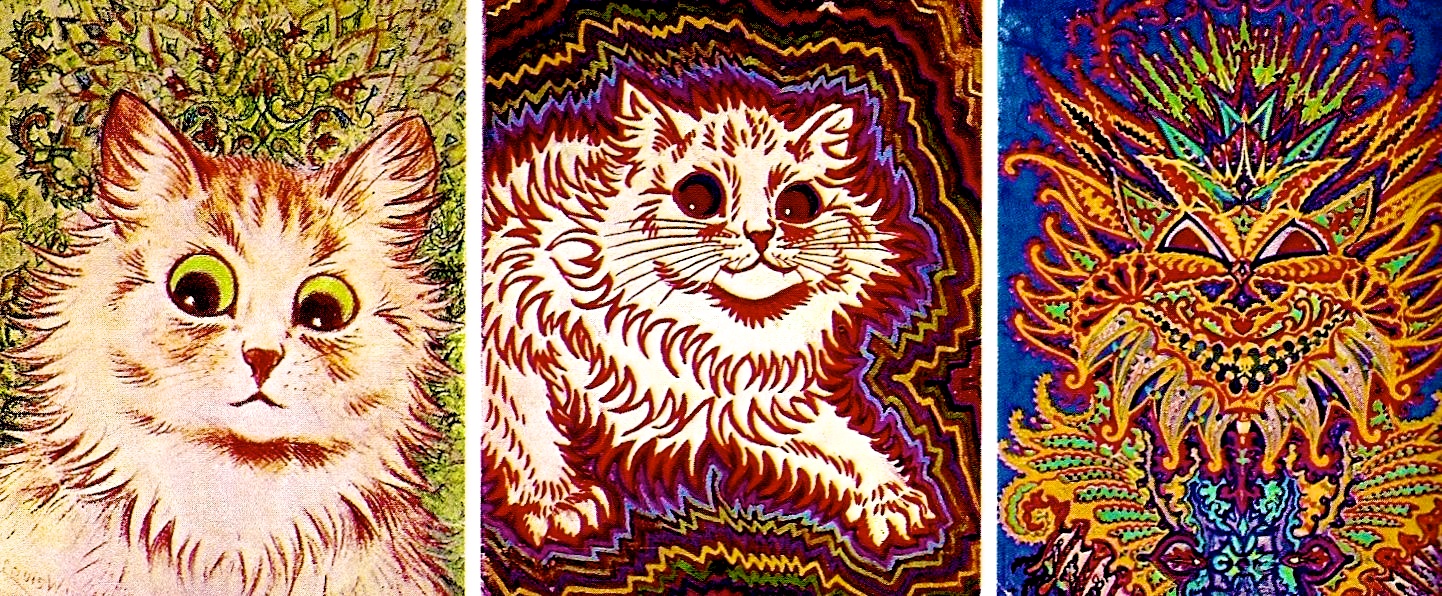 Estos gatos son obra de Luis Wain, un ilustrador inglés diagnosticado esquizofrénico. Se puede apreciar la evolución del artista.