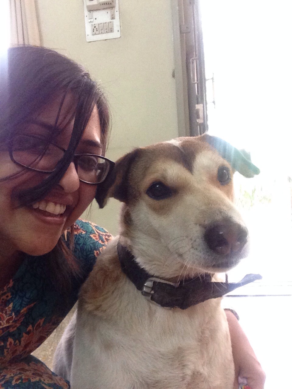 Aparna and Pushkin right after his yearly vaccination 