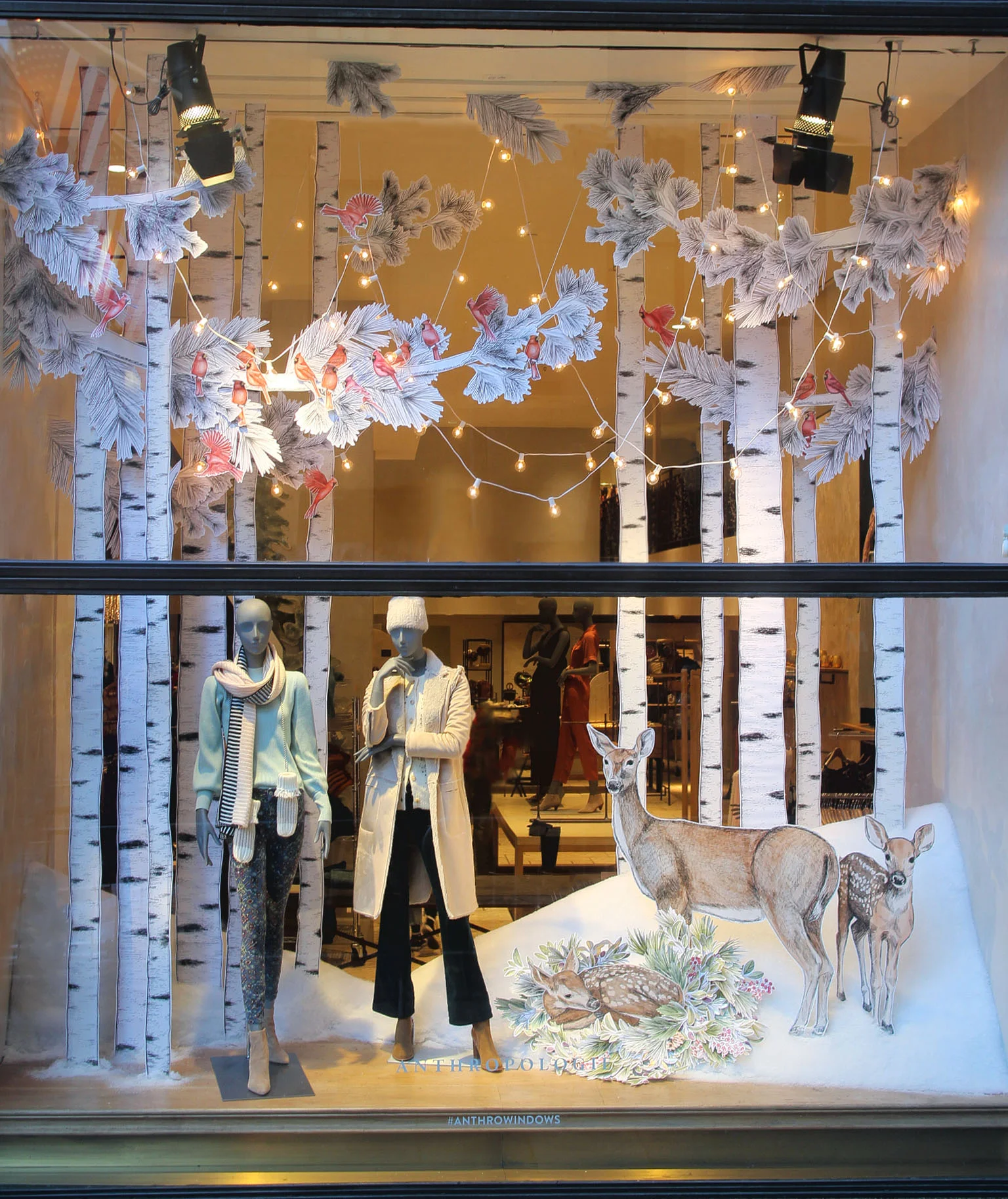 Store window display with mannequins dressed in winter clothing, paper cutouts of deer and a rabbit, painted birch trees, and string lights, creating a woodland winter scene.