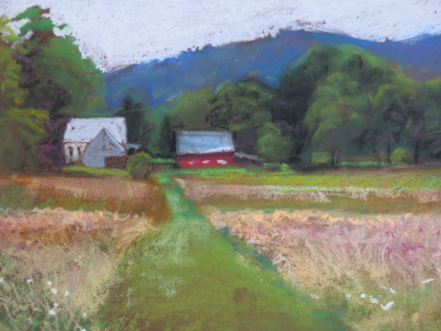 Pastel of Farmhouse and barn by Heather Barros