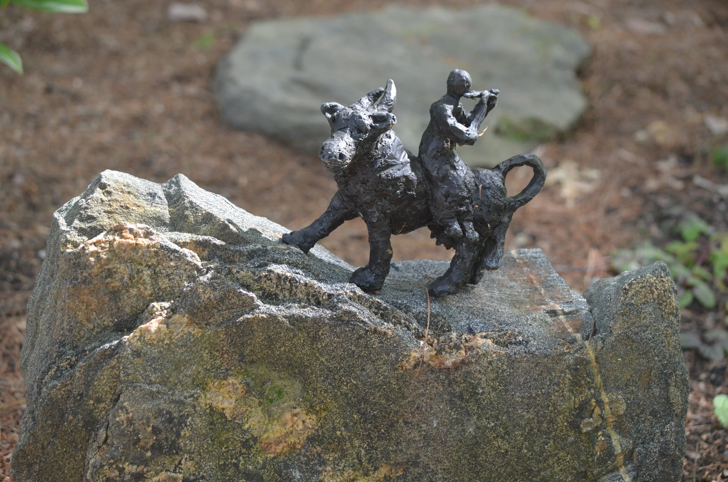 "VI. Riding the Ox Home" from "The Ox Herding Series" by Linda Hoffman –– We are no longer separate. I don't lead Ox because she knows the way. I put down the rope, and pick up my flute. I don't even look where she is going. –– Buddha nature / pervad