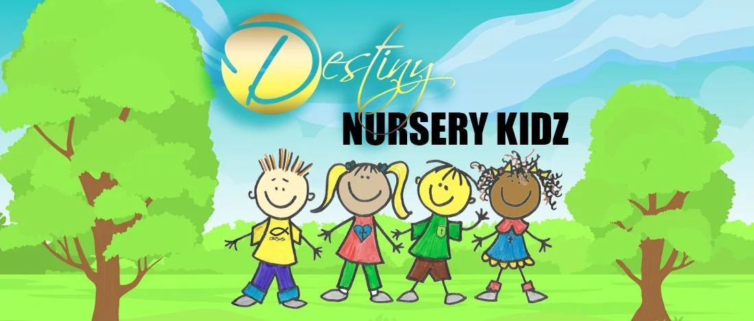 Destiny Nursery Kidz banner with four cartoon children standing in a park