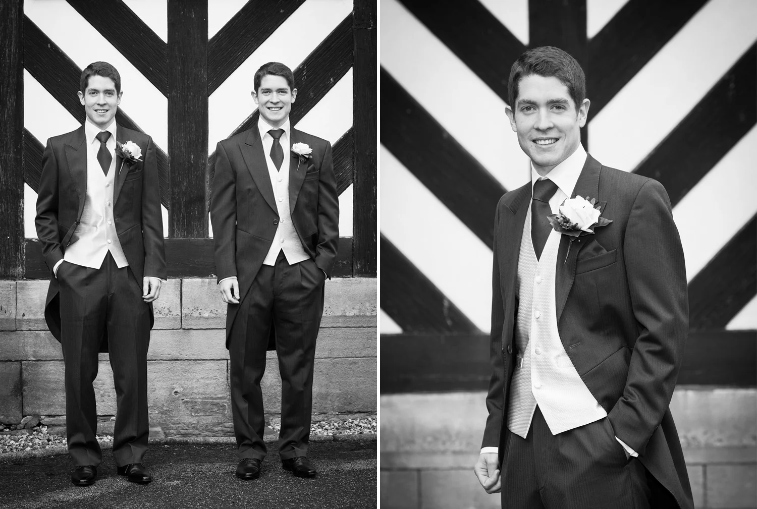 Symmetry at Samlesbury Hall, Preston, Lancashire. Identical twins, the Groom and his Best man.