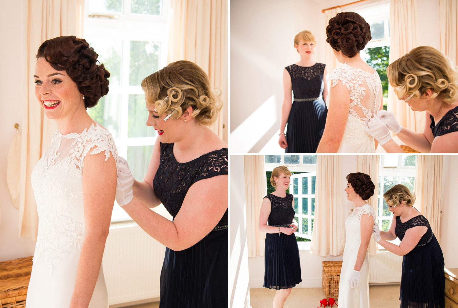 Photographs of a bride getting into her wedding dress