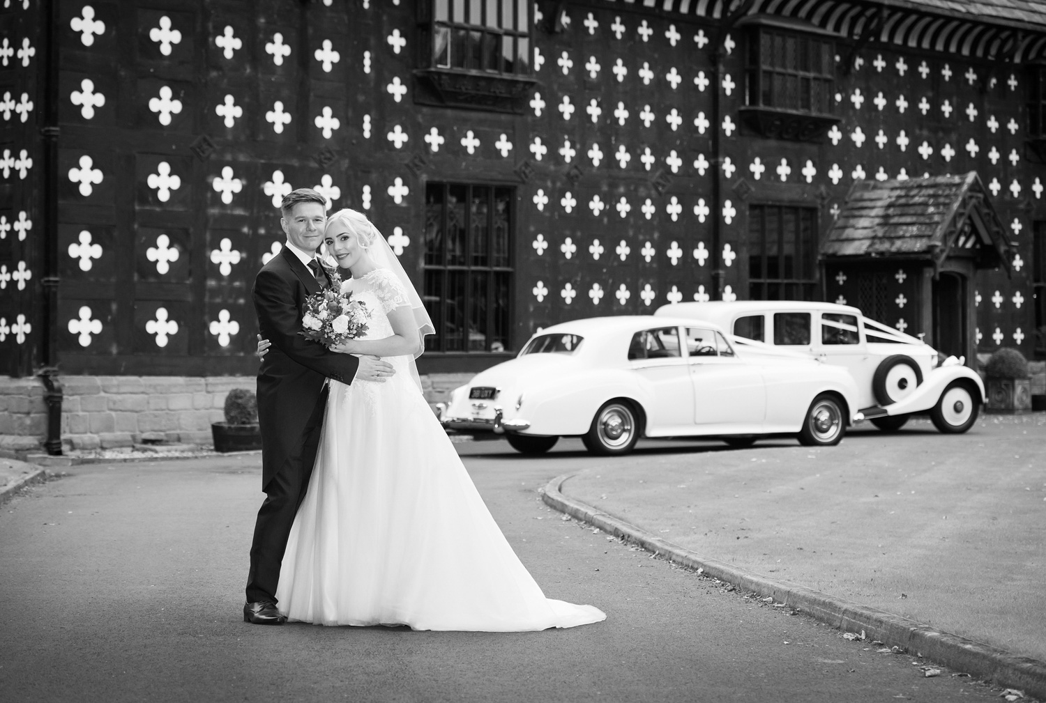 Black and white wedding photograph at Samlesbury Hall