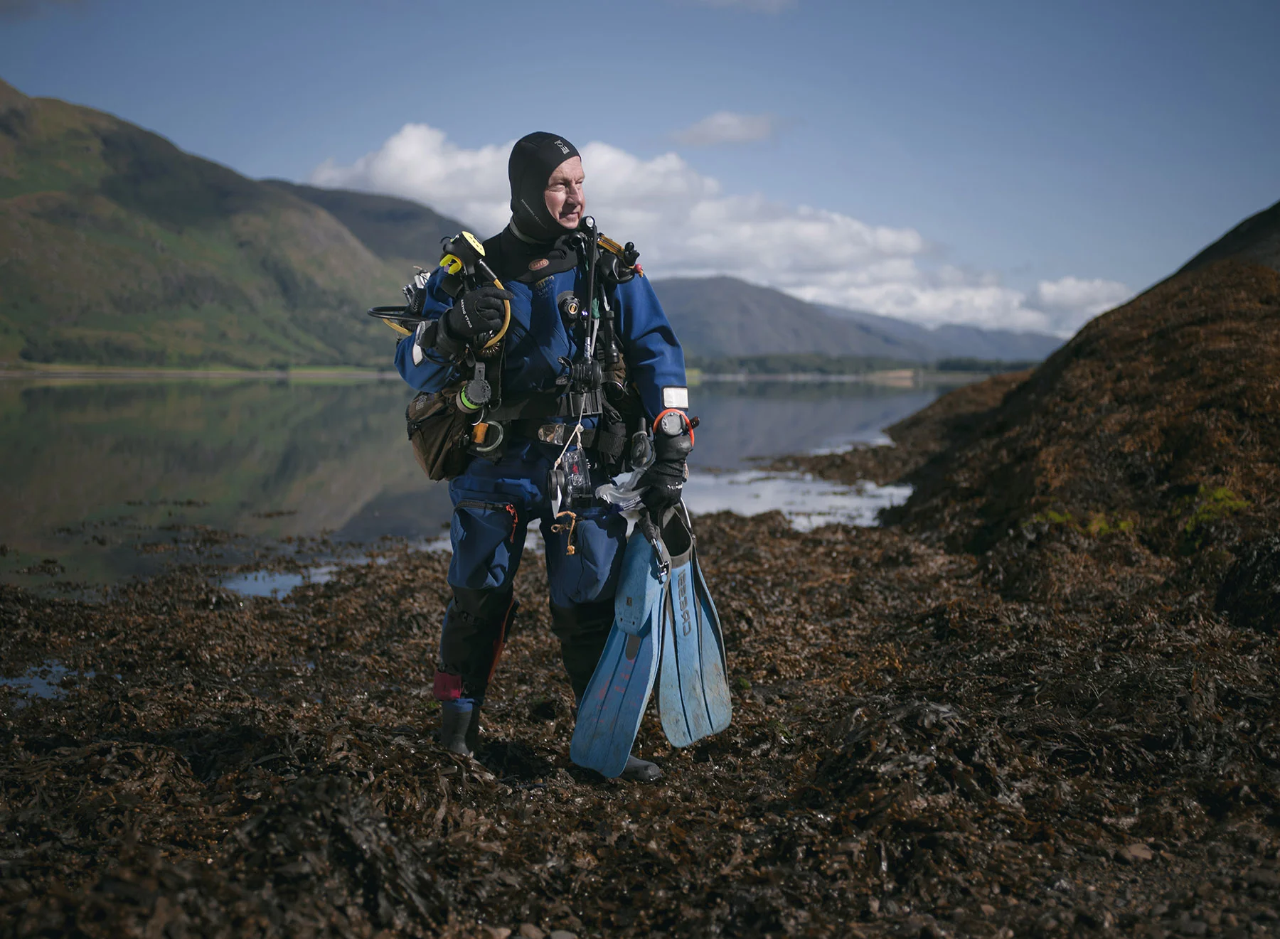 Paul Spence scuba diving in Loch Linnis, one of 700 dives in his twenty year diving career. Shot on pentax 645z with 55mm f/2.8 645 