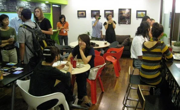 relaxing at photo gallery exhibition