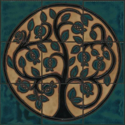 Pomegranate Mural - Tropicale Color Palette - black line Colors: Aqua, Black Gloss, Ivory