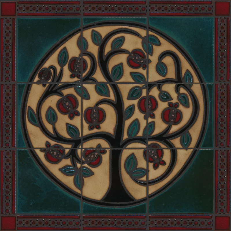 Pomegranate Mural in custom colors: Aqua, Ivory, Black Gloss, Sangria, Copper. Surrounded by Beaded Border 2x8