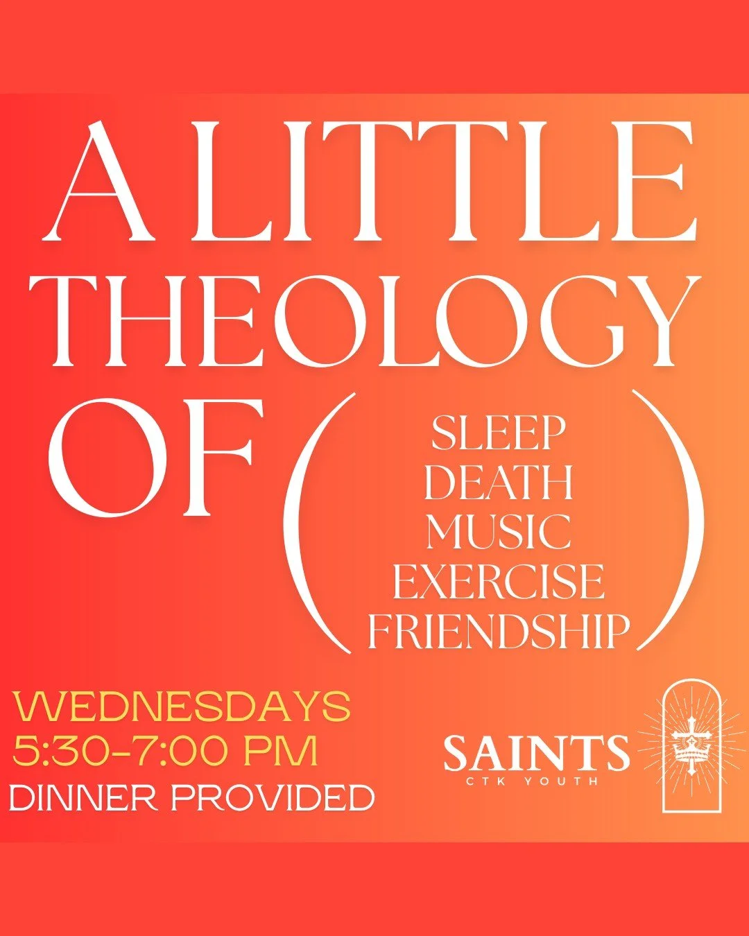 Saints youth group, 6th-12th grade. 
We're on week two of our Epiphany topics of Sleep, Death, Music, Exercise, and Friendship.