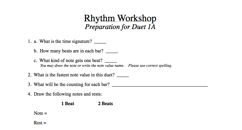 All 24 preparation pages follow the same format. It is a format that helps students prepare for all performance settings. Answering the opening 4 questions in order is essential for understanding the basic rhythm structure for any music. Students may answer questions 5, 6 and 7 in any order.