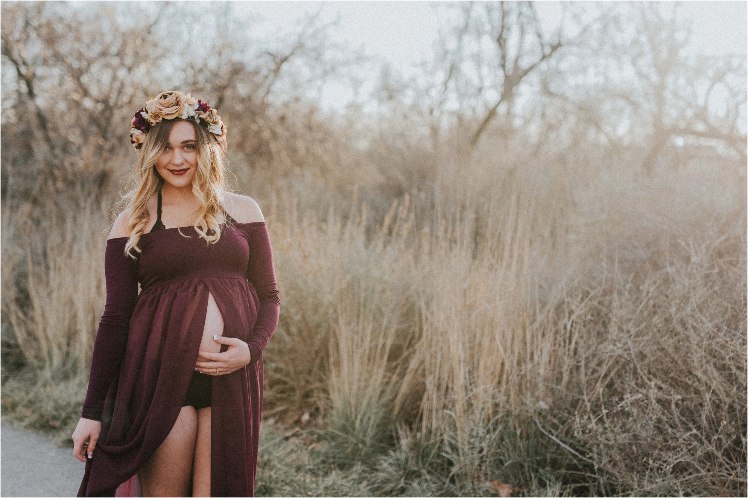 Boise Idaho Maternity Photographer Makayla Madden Photography Winter Maternity Session Maternity Gown Red Engagement Ring Maternity Session Sew Trendy Accessories