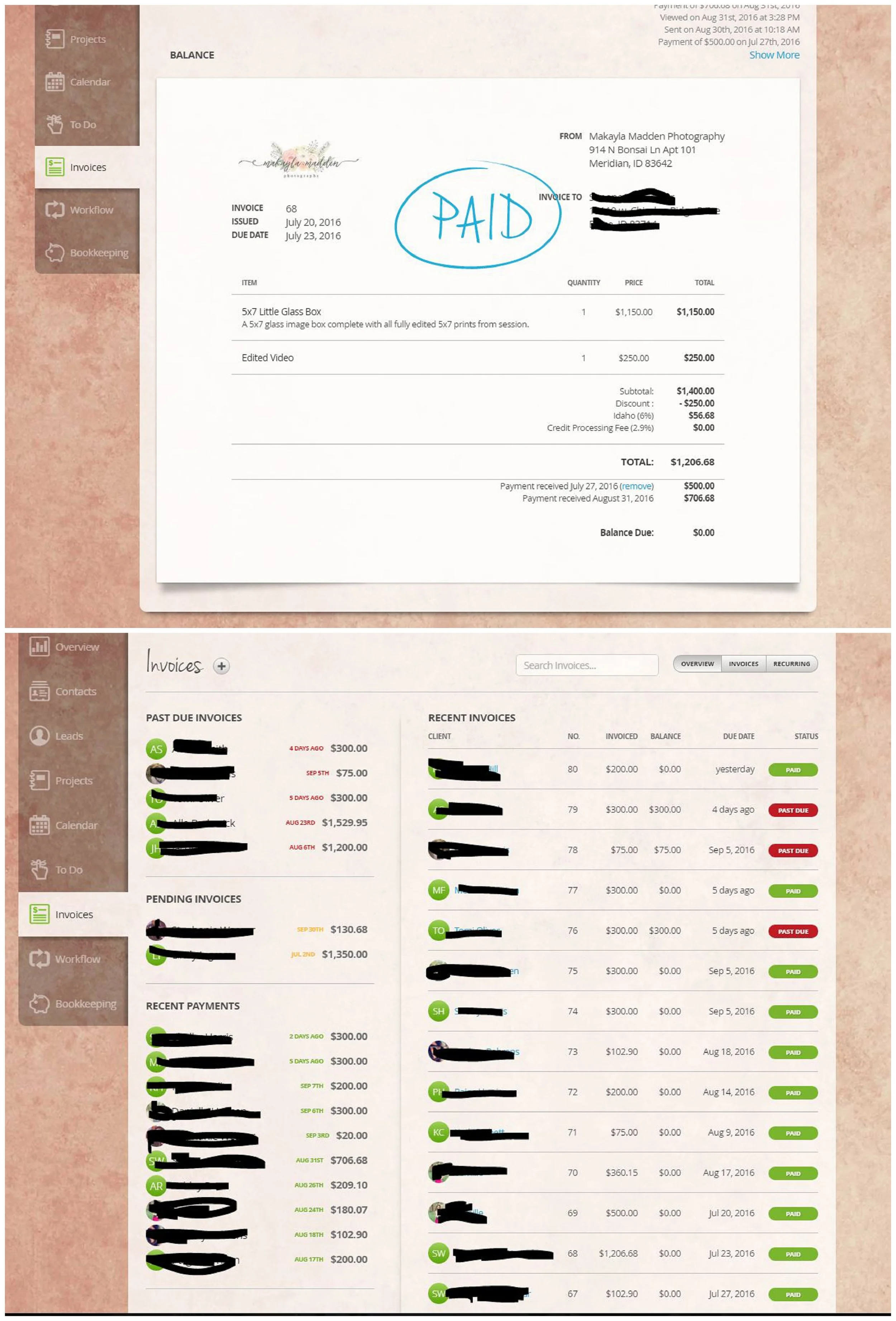 Once a client has confirmed they want to book, I create an invoice for their sitting fee. I love the template feature on 17hats for everything! I literally press 2 buttons and all the info is ready to go on the invoice- The session fee, the description of what's included, the price, etc. The client's info and my info is all on there so they can easily know where to send me a check should they choose to. And when they pay online, I have my bank account hooked up to square, so the money is deposited straight into my account within a couple days! You can also track which invoices are pending, past due, and paid for in the "invoices" section. A great way to check out what is coming up for payment (and as a mood booster to see how much you are kicking butt!)
