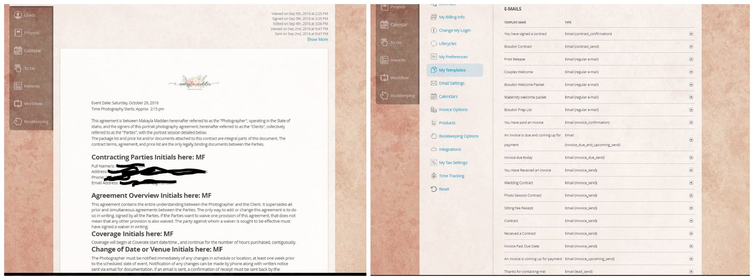After I've created my invoice and sent it over, I create a contract. Again, the template system is great! I have different templates depending on the session type, so I just insert whichever session it is, and everything is ready to go! Since I already got my client's info out of the gates, I inserted buttons in the template that automatically fill in that client's inf in the places it needs to go. So simple and so quick! They just sign their name online and you get notified when they've done so. Another reason I love the template system is that it sends out automatic reminders that I don't have to worry about. For invoices, an email is sent the day before it is due and then if it is past due. This way I don't have to track and down and remind clients when they have payments coming up!