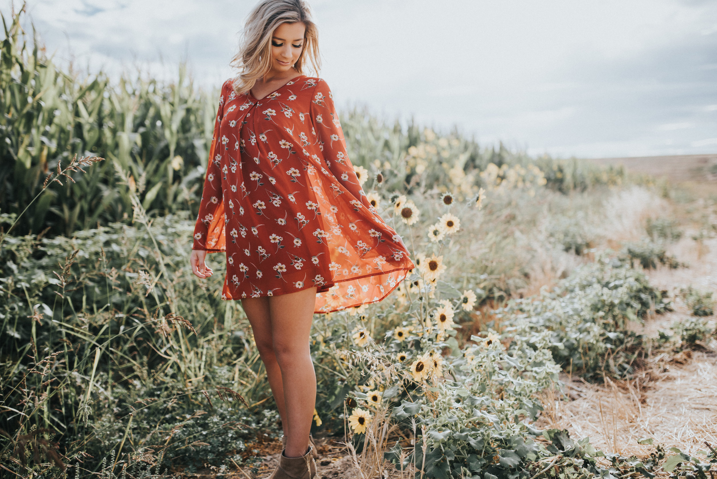 Makayla Madden Photography Boise, Idaho Senior, Boudoir, and Wedding Photographer Senior Girl Sunflowers Summer Senior Session Floral Dress