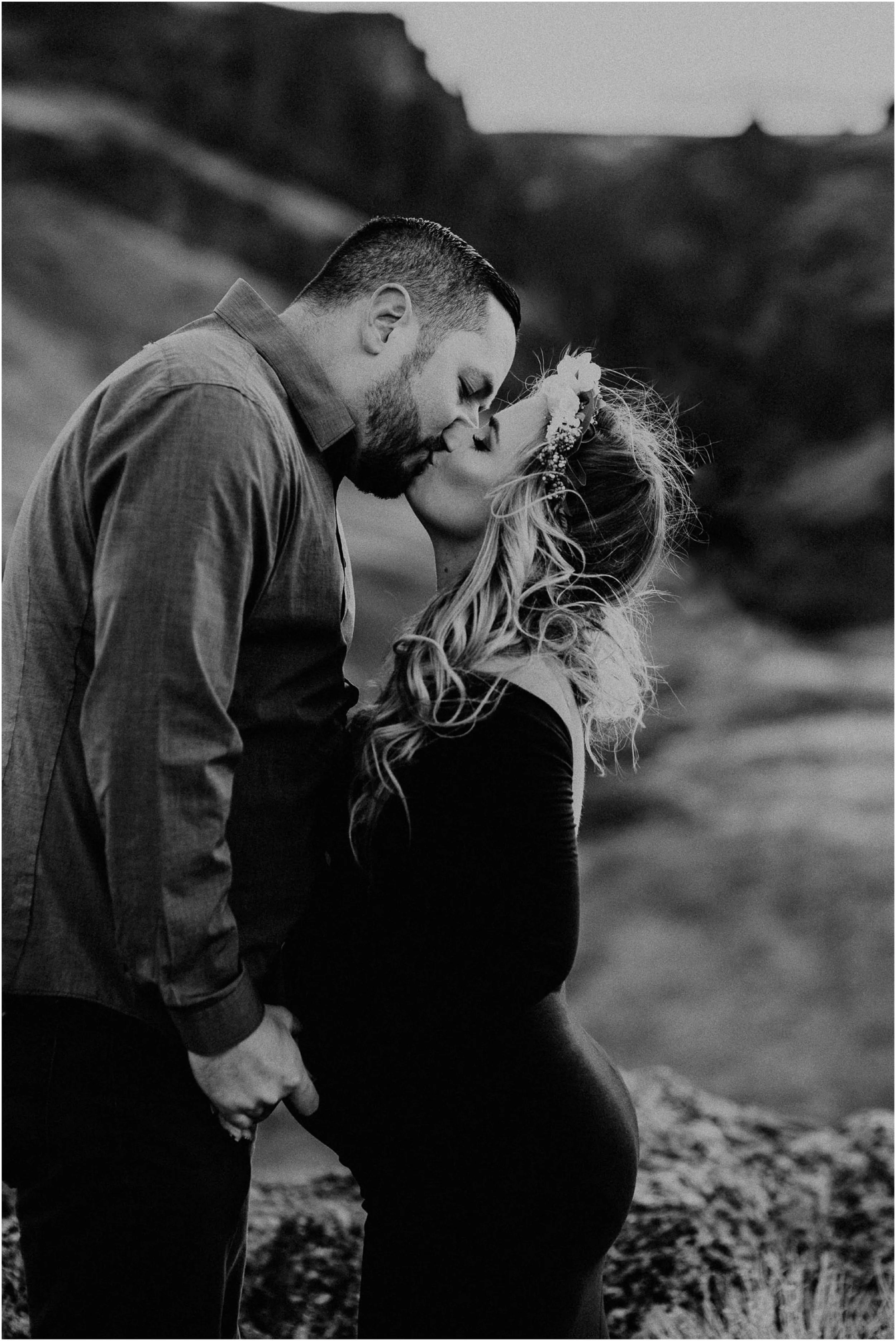Boise Maternity Boudoir Photographer Makayla Madden Photography Black and White Kissing Maternity Dress Sew Trendy Accessories Idaho Motherhood Expecting Hair and Makeup Artist Behrens Artistry
