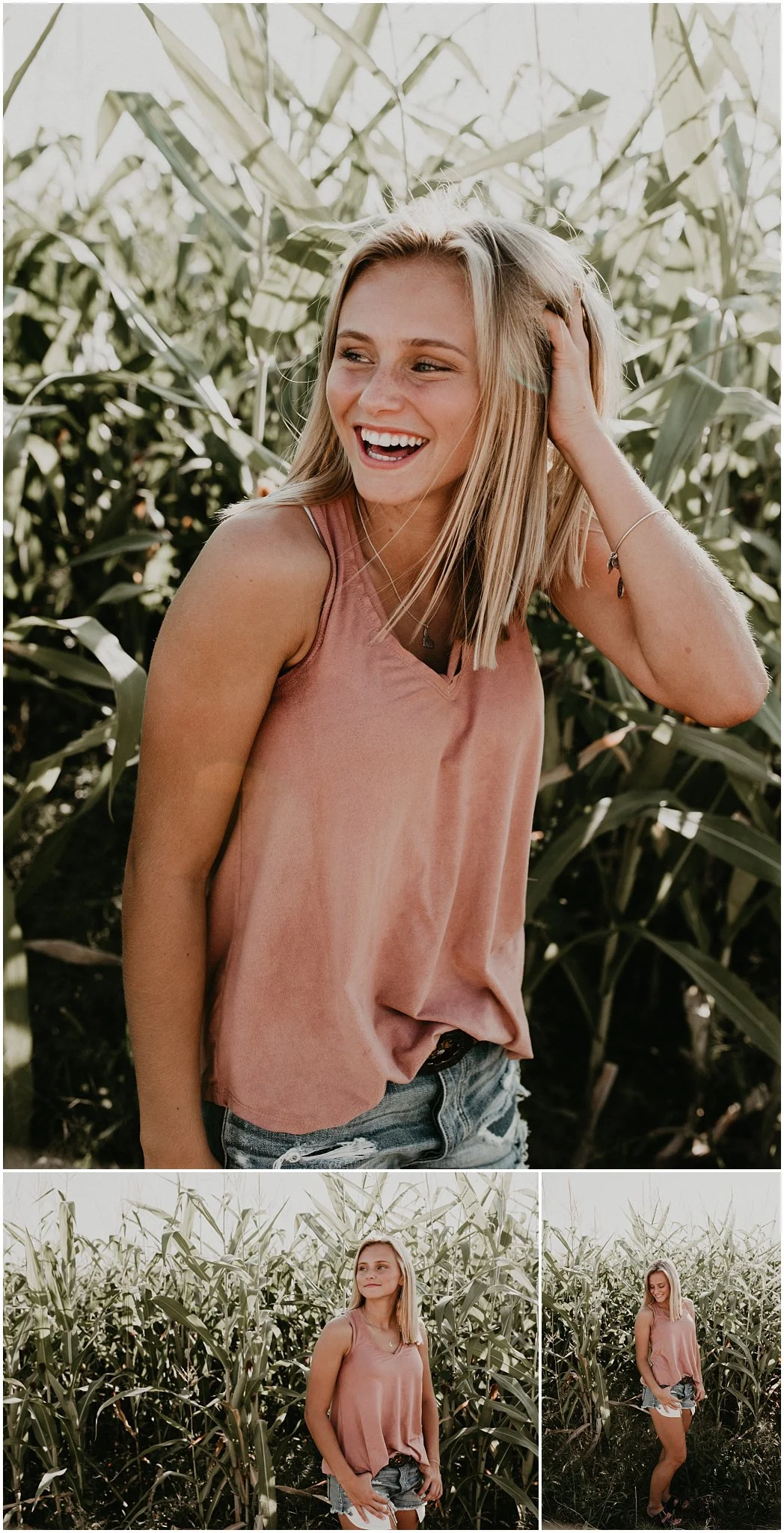 Boise Senior Photographer Makayla Madden Photography Corn Field Kuna Summer Senior Session Location Ideas Kuna High Brooke Ray Laughter Fun