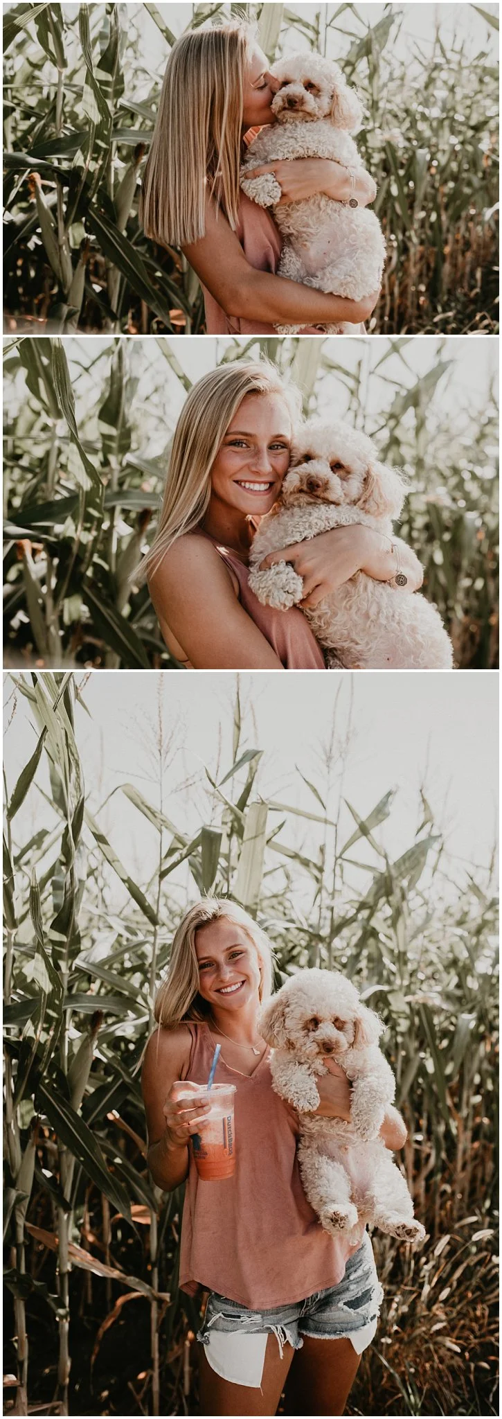 Boise Senior Photographer Makayla Madden Photography Corn Field Kuna Summer Senior Session Location Ideas Kuna High Brooke Ray Laughter Fun Eyes Unique Puppy Dog