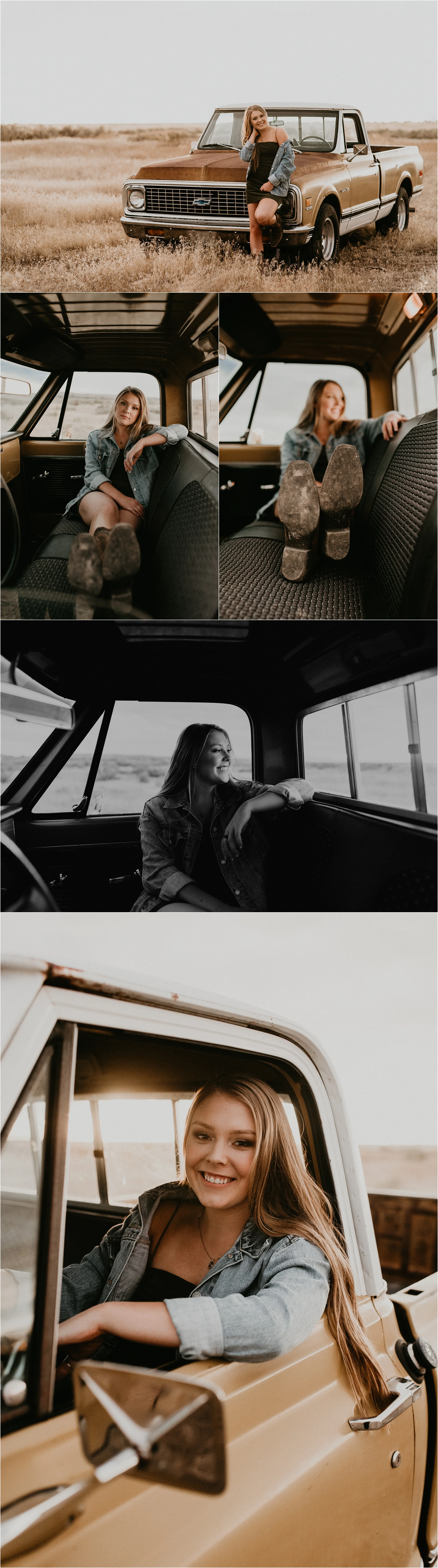 Boise Senior Photographer Makayla Madden Photography Boise Foothills Country Rustic Senior Pictures Senior Girl Outfit Inspiration Idaho Hoffman Autobody Vintage Chevy Truck Senior Pic Ideas