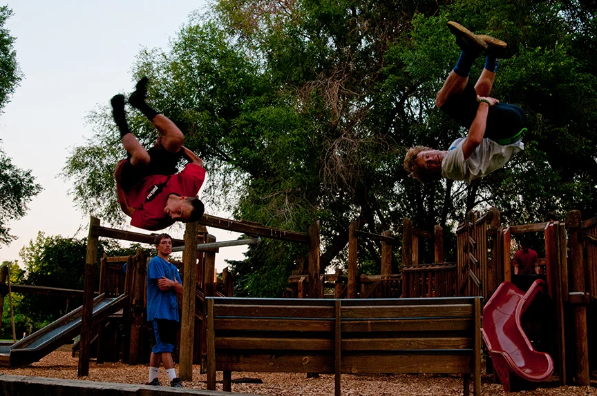 Kids practicing Parkour in Ochoco Creek Park in Prineville. Photo by Lon Austin