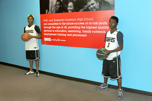 Portland Opportunities Industrial Center (POIC), Rosemary Anderson High School, is a non-profit educational and workforce training organization that works with disenfranchised youth in Northeast and East Multnomah county. While gaining skills to apply for high school credits, students also get Phys Ed credit for participating in sports. Deon Sims and Dequan Wilatson are very into basketball. Photo by Jan Landis