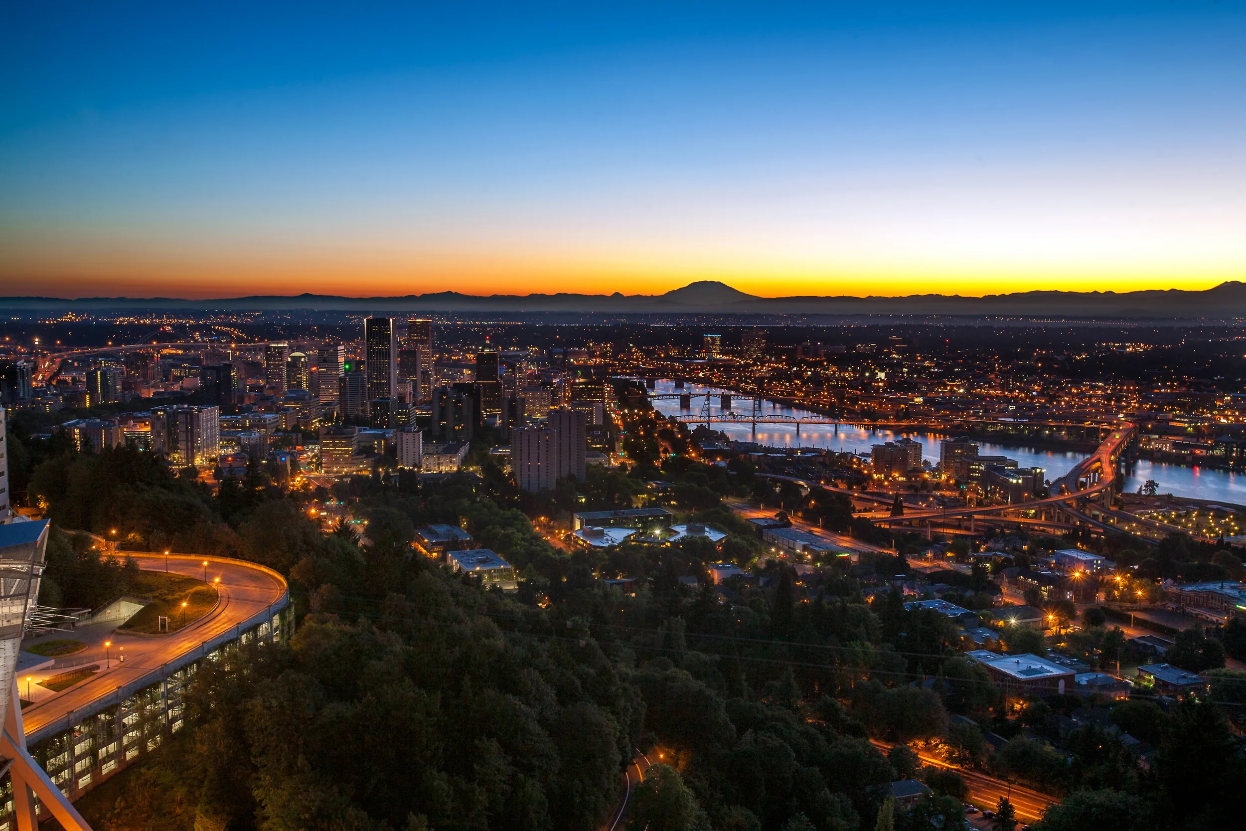 An early morning sunrise over Portland as seen from the Portland Veteran's Administration Medical Center building on Day Shoot 30.