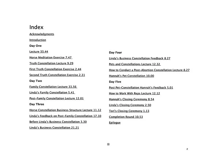 Screenshot from the Advanced Horse Constellation course PDF showing training index