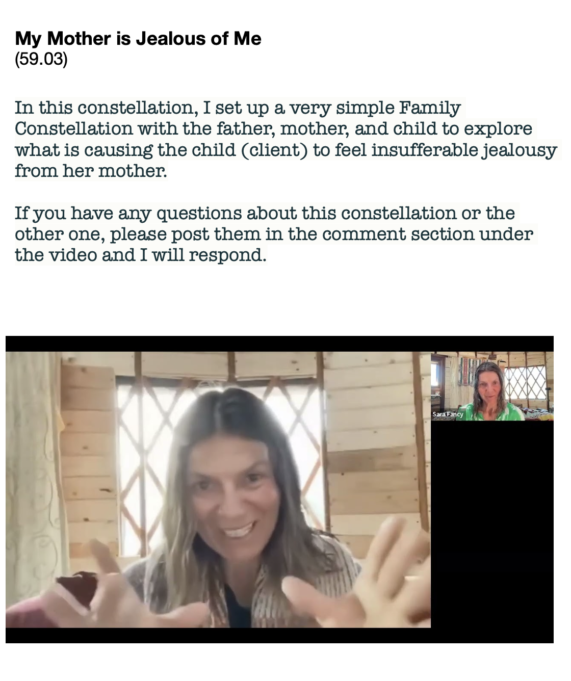 PDF screenshot of the session My Mother is Jealous of Me with a still from a Zoom Family Constellation led by Sara Fancy.