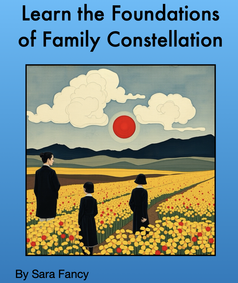 Cover of Sara Fancy’s Family Constellation eBook, featuring stylized figures walking through a symbolic ancestral field beneath a red sun and clouded sky.