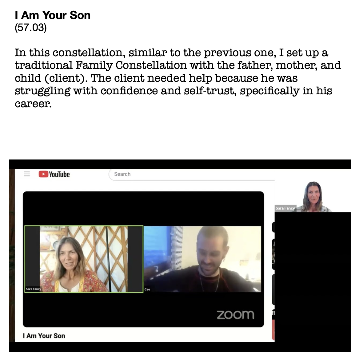 PDF screenshot of the session I Am Your Son with a Zoom still featuring Sara Fancy and a male client.