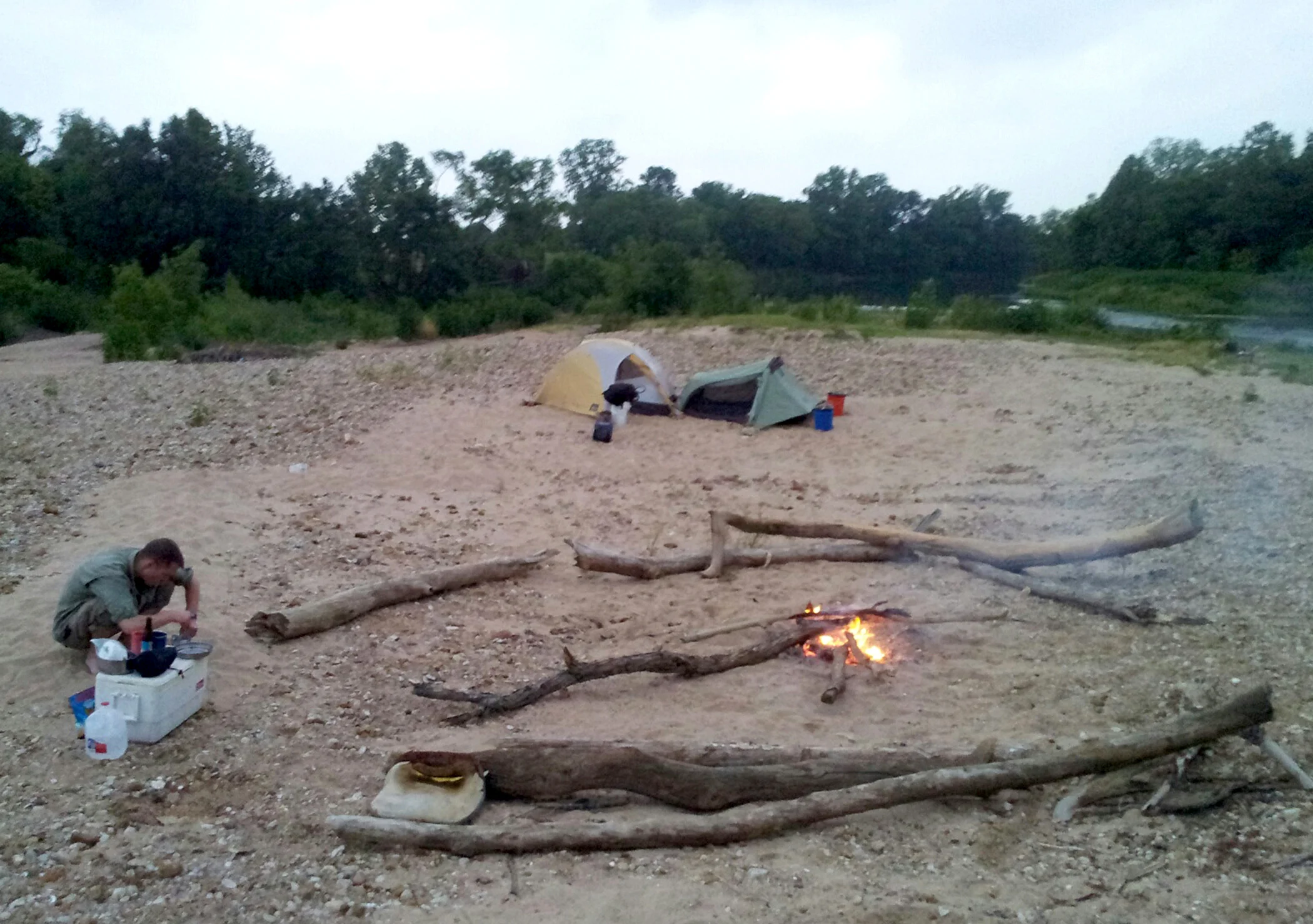 1st Campsite was a large sandbar. This was a great place to stop because we had an abundance of driftwood for the fire. Ended up catching a couple fish from the bank, and I also found and ate some wild blackberries here.
