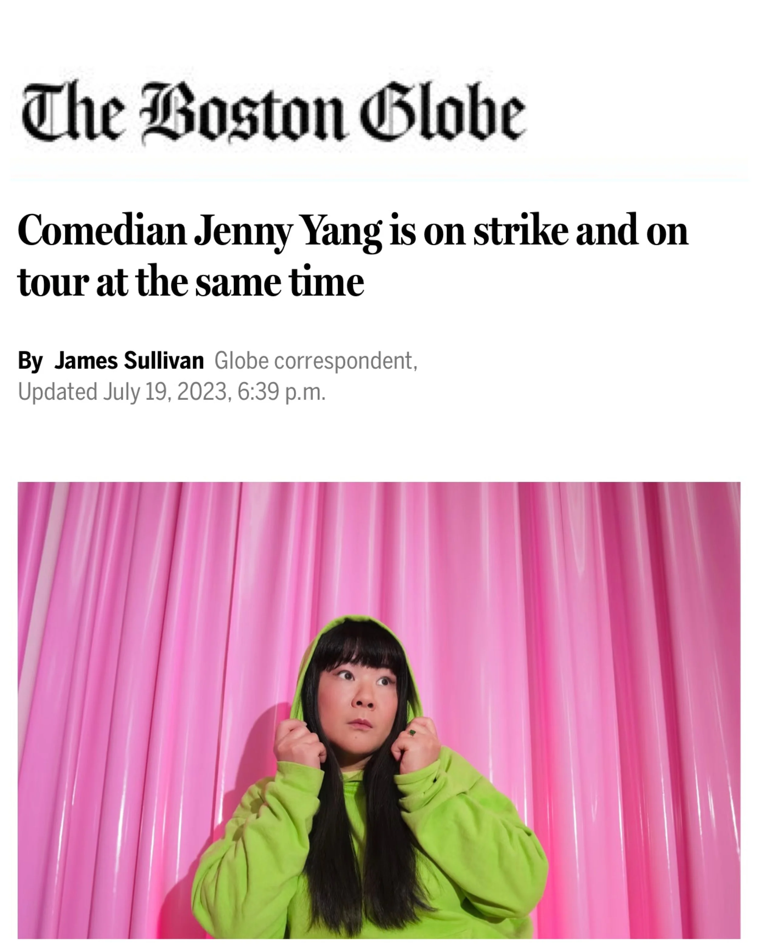 Boston Globe: Comedian Jenny Yang is on strike and on tour at the same time. July 2023.