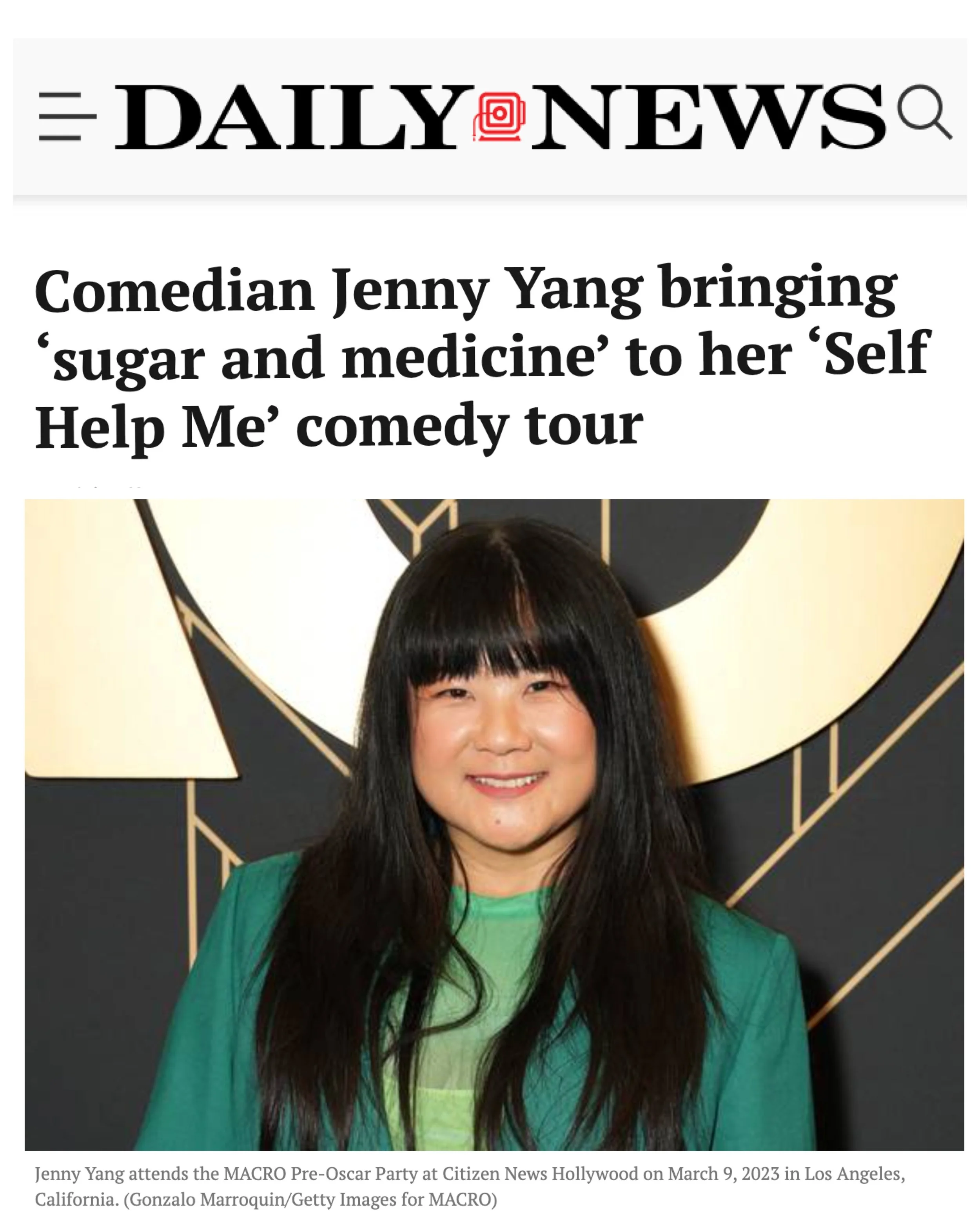 New York Daily News: Comedian Jenny Yang bringing ‘sugar and medicine’ to her ‘Self Help Me’ comedy tour. July 2023.
