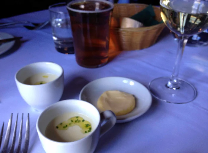The first course - leek and potato soup with chive oil. So delicious