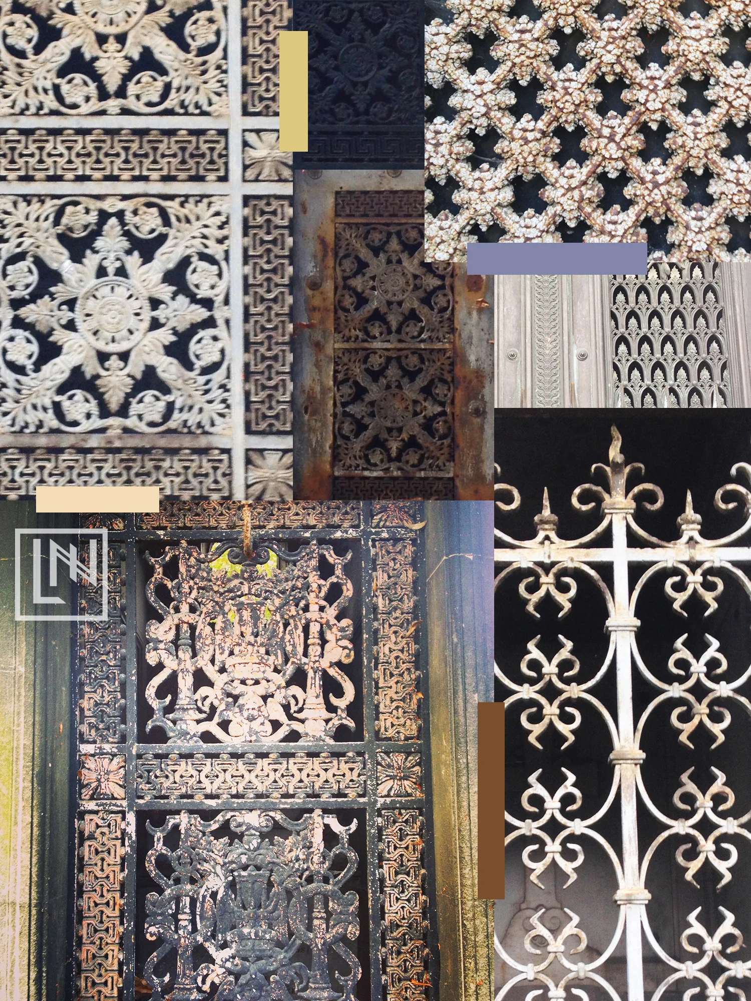A collage of patterned gates and doors in Pere Lachaise cemetery by Liz Nehdi