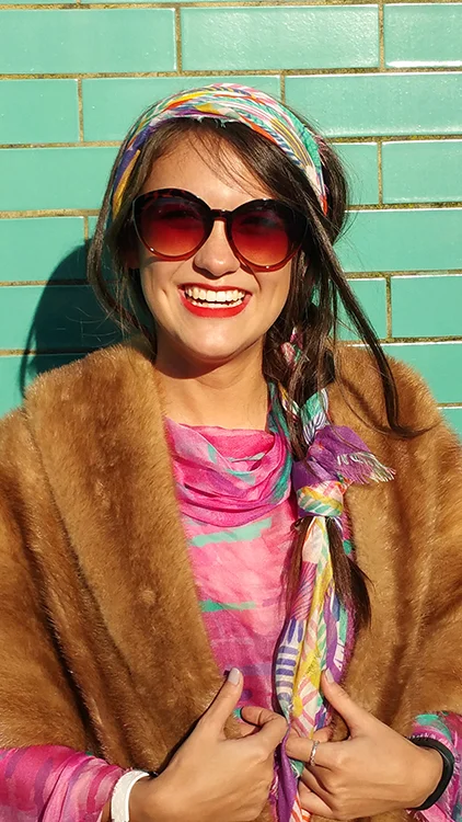 Sasha wears the Laelia and Byzantium Voyeur scarves from our SS15 collection.