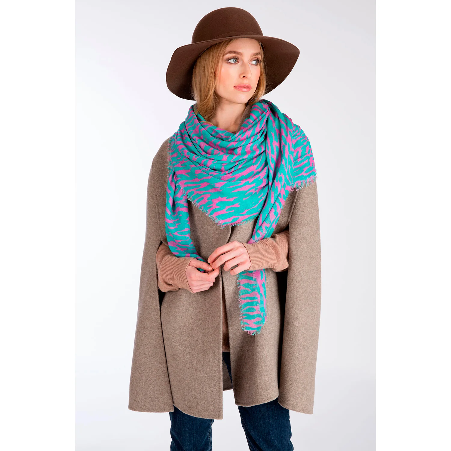 LizNehdi_DappledAegeanCashmereScarf_ModelwithHat1_1500_Square.jpg