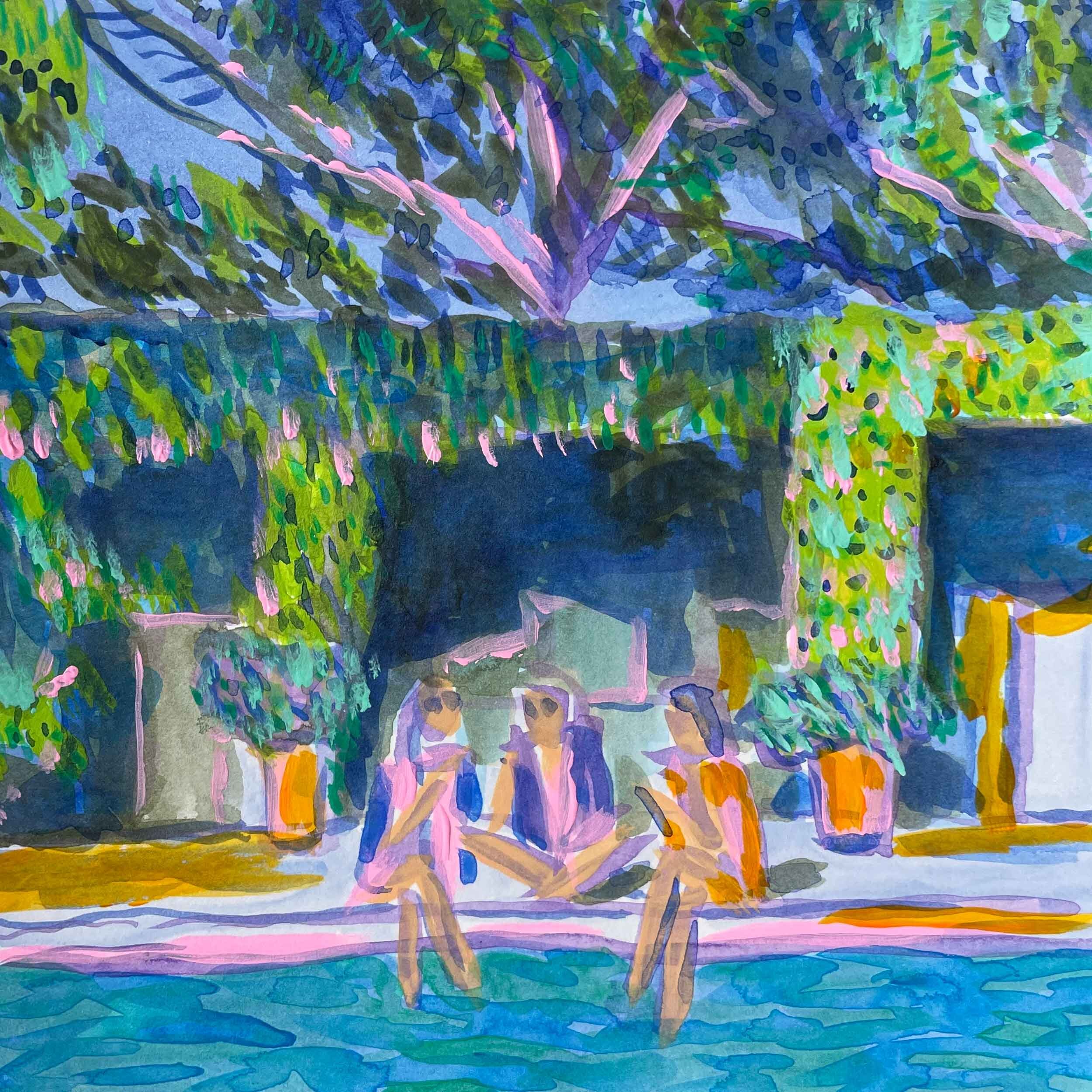 3 women relax in the sun by the pool in Fayence, France. Acrylic painting by Liz Nehdi