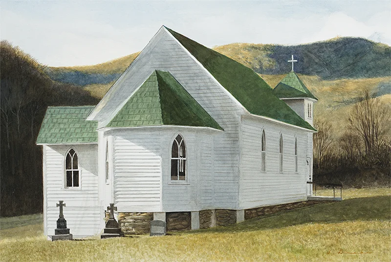 Mountain Chapel - watercolor, 16 x 24”