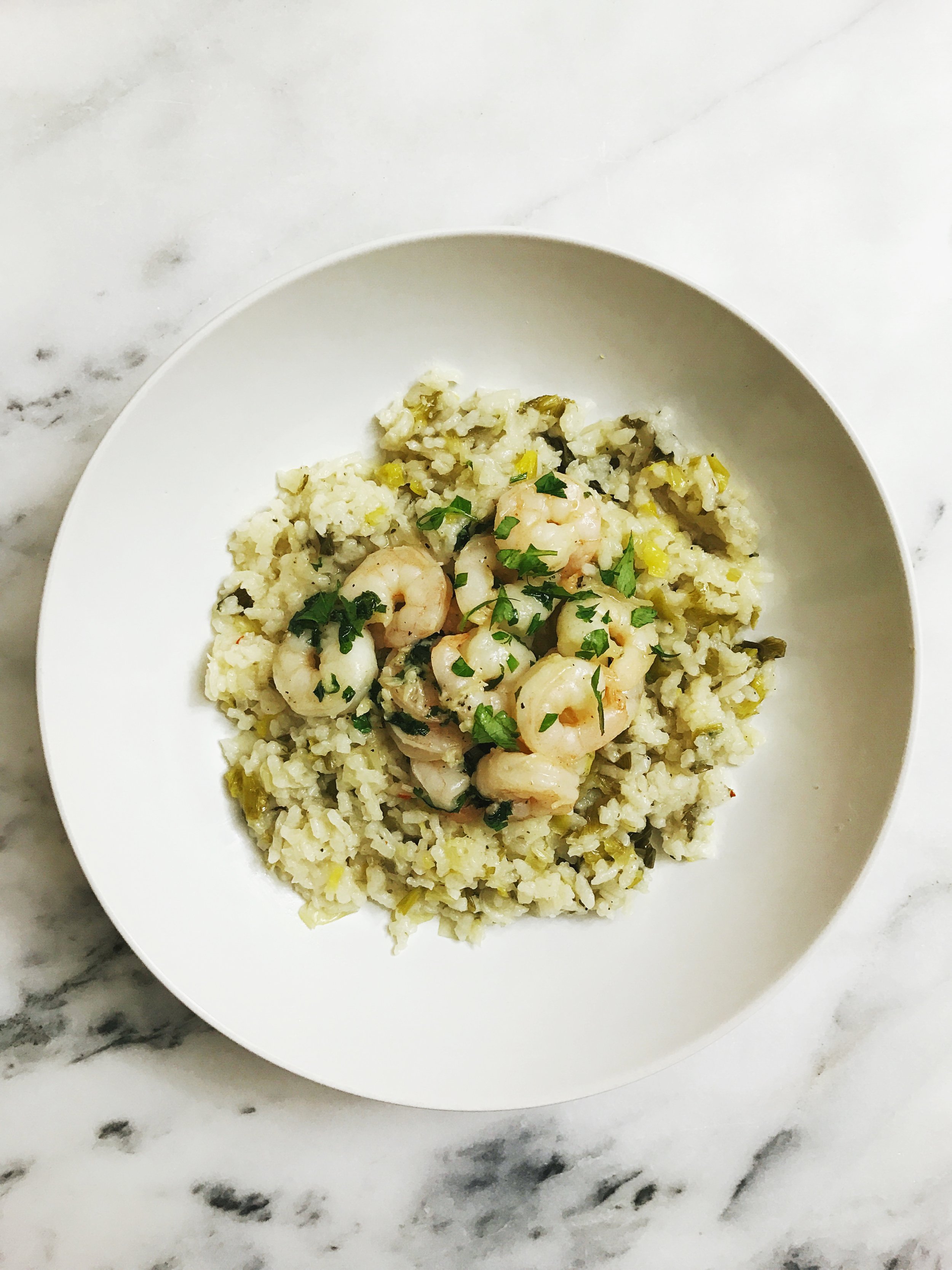 LEEKS RISOTTO WITH GARLIC BUTTER SHRIMP