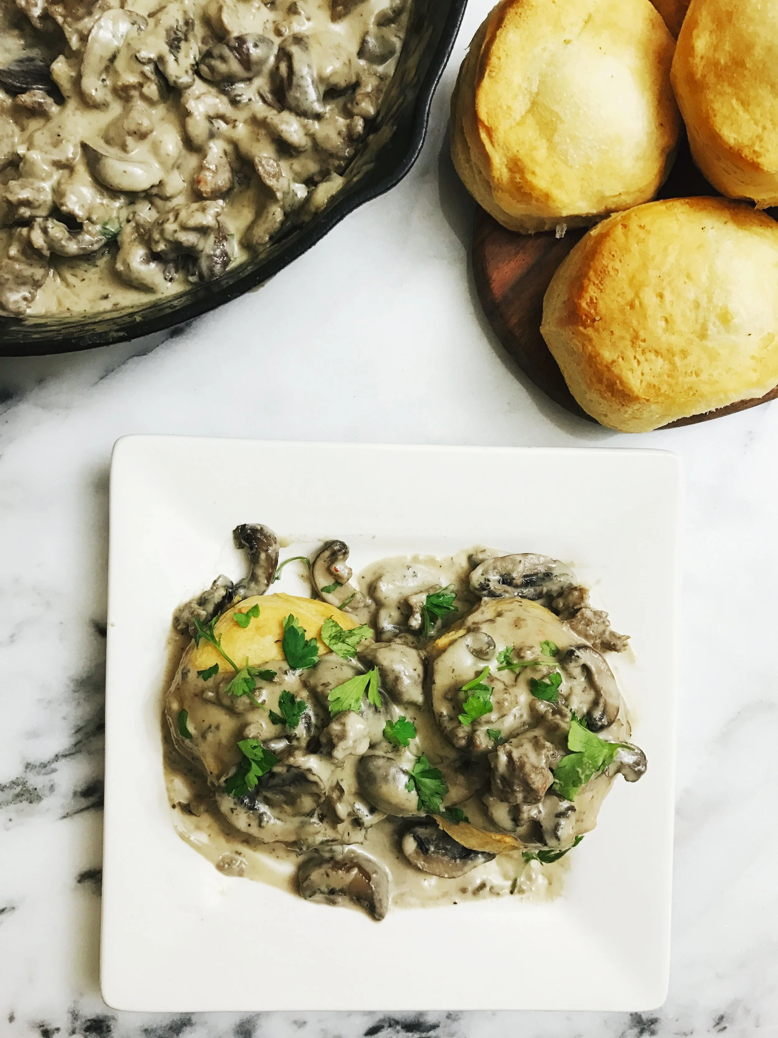 MUSHROOM SAUSAGE CASHEW GRAVY AND BISCUITS