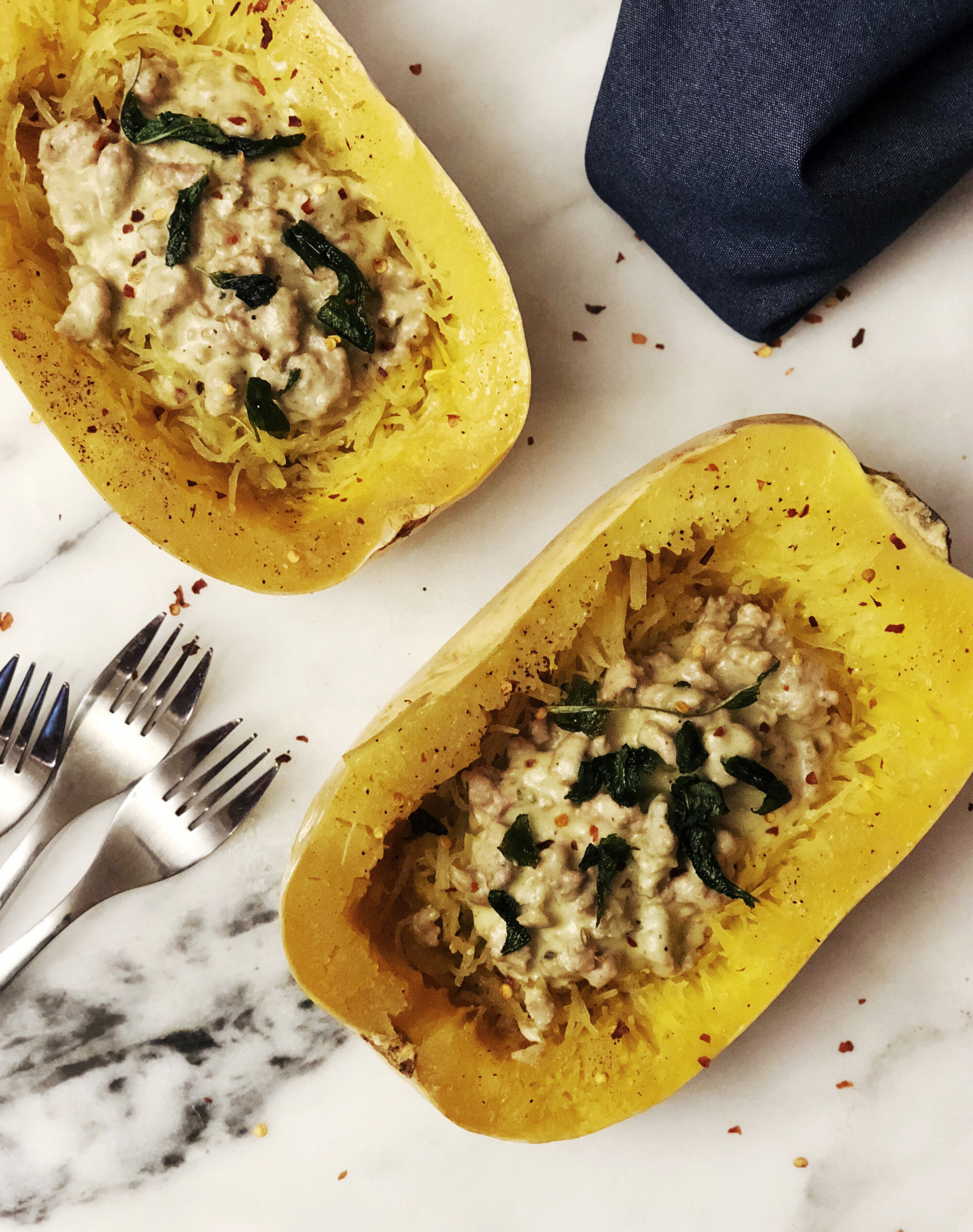 SPAGHETTI SQUASH WITH CREAMY SAGE CASHEW SAUCE AND SPICY SAUSAGE WITH FRIED SAGE