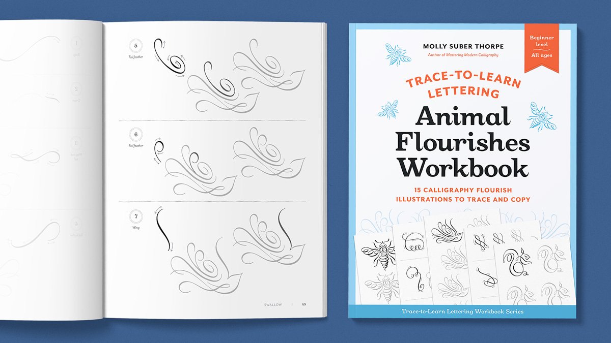 Cover and interior page of the Trace-to-Learn Animal Flourishes Workbook by Molly Suber Thorpe