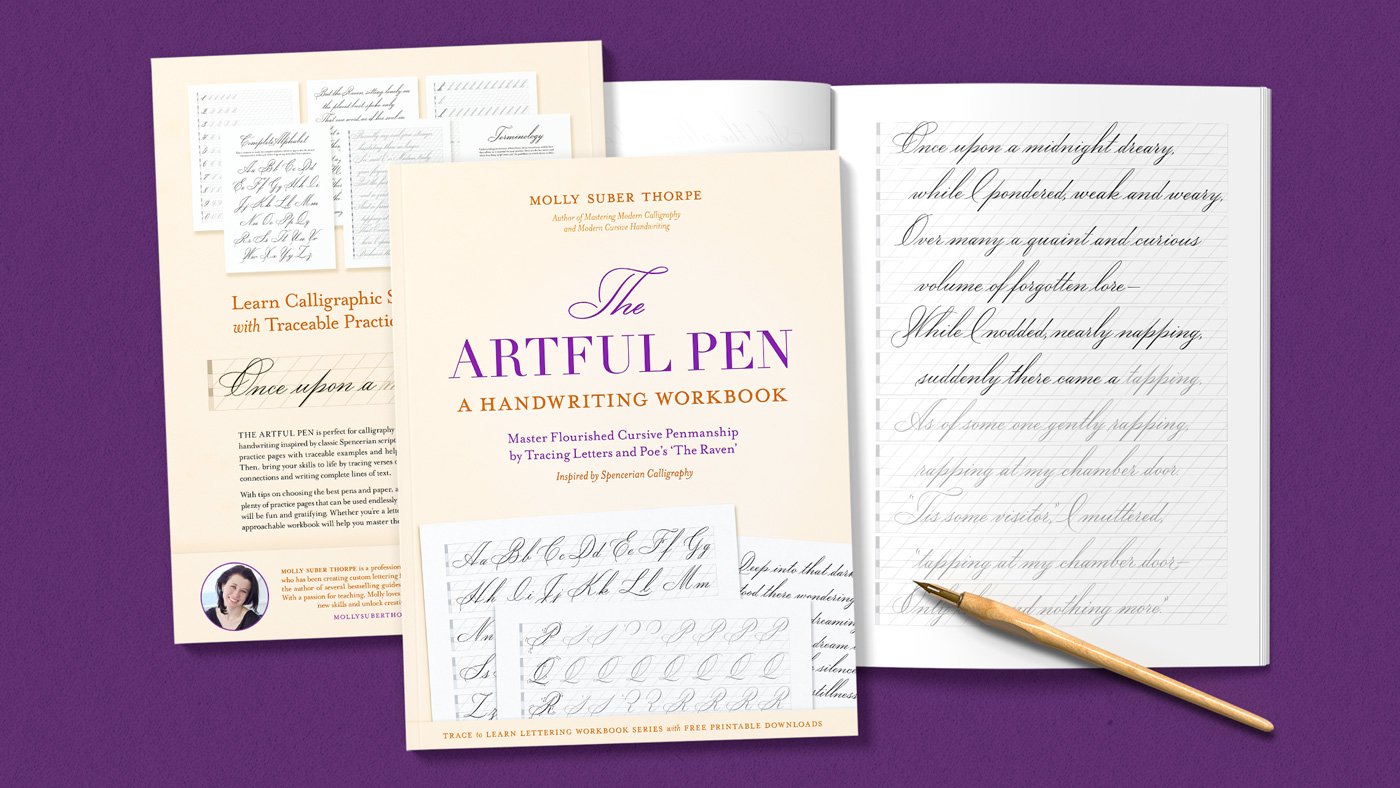 Front and back covers of The Artful Pen Handwriting Workbook by Molly Suber Thorpe, with an open sample page and pointed calligraphy pen on purple background