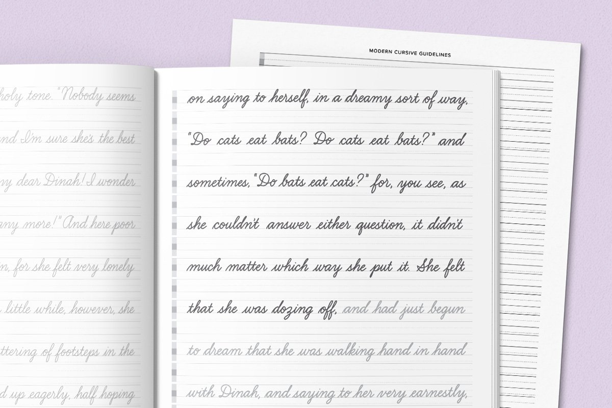 An open sample page from the Alice’s Adventures in Wonderland Modern Cursive Handwriting Workbook by Molly Suber Thorpe