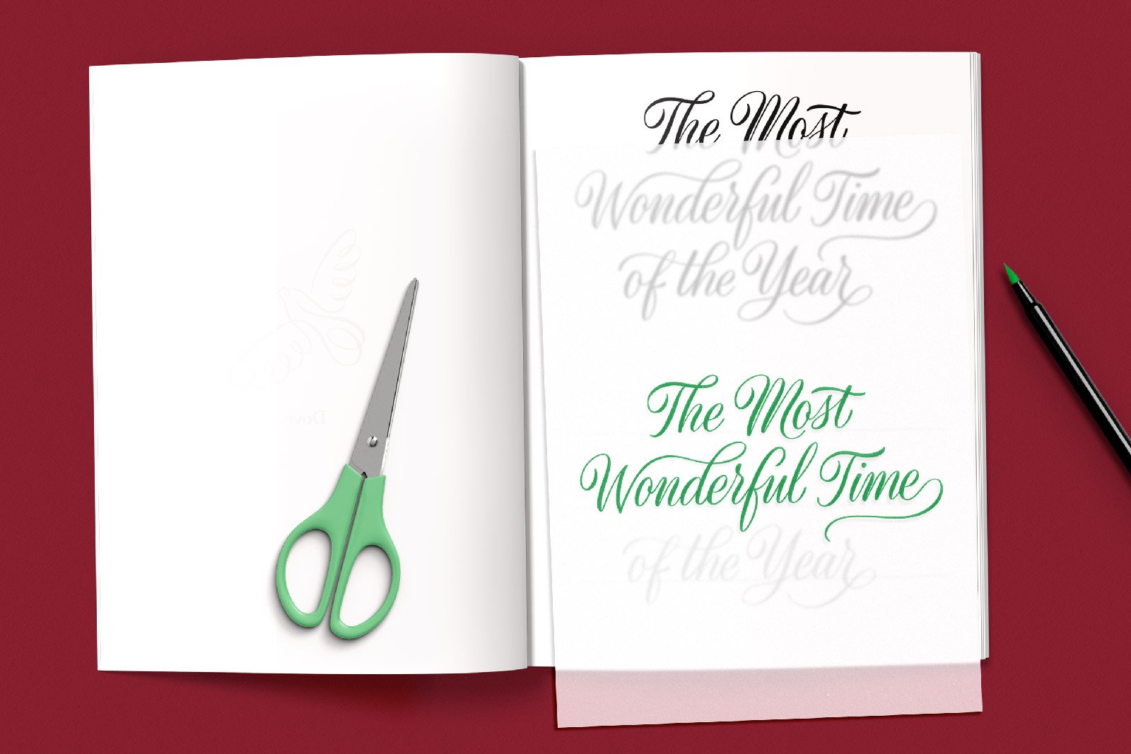 Interior spread of the Trace-to-Learn Brush Lettering Christmas Greetings Workbook with tracing paper overlaid
