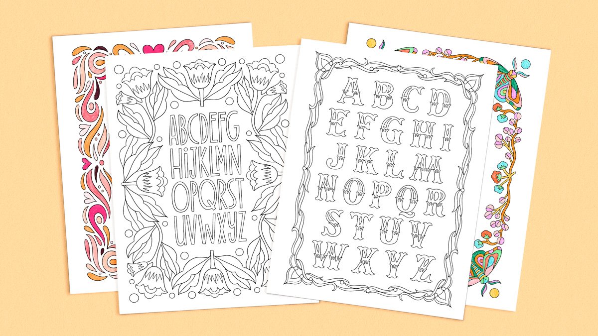 Pages from the Decorative Alphabets Coloring Book by Molly Suber Thorpe, both colored and uncolored, on a yellow background